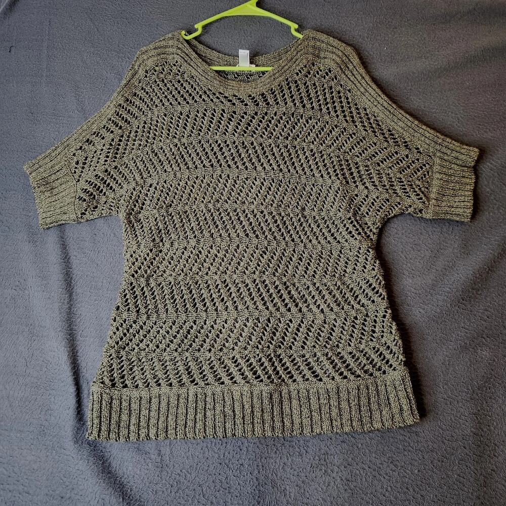 Chico's Olive Green Open Knit Crochet Chunky Knit Short Sleeve‎ Sweater Size L